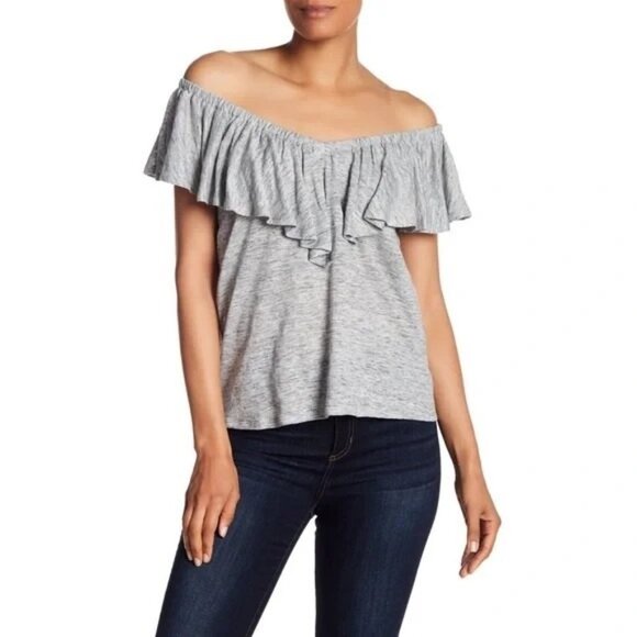 Rebecca Taylor Heather Grey Linen Ruffled Draped Off-Shoulder Top - Picture 1 of 4